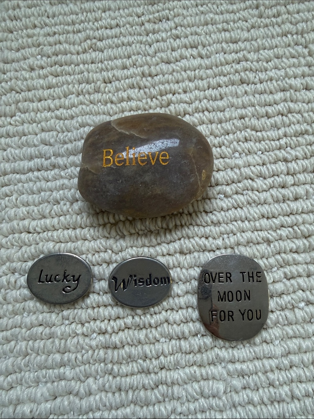Inspirational 'Believe' Pocket Stone with Motivational Metal Tokens - Brown